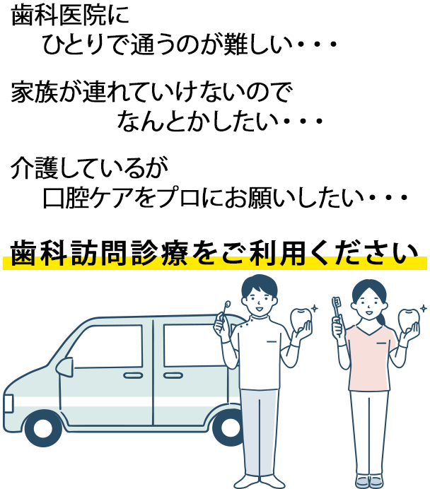 歯科医院にひとりで通うのが難しい・・・家族が連れていけないのでなんとかしたい・・・介護しているが口腔ケアをプロにお願いしたい・・・歯科訪問診療をご利用ください